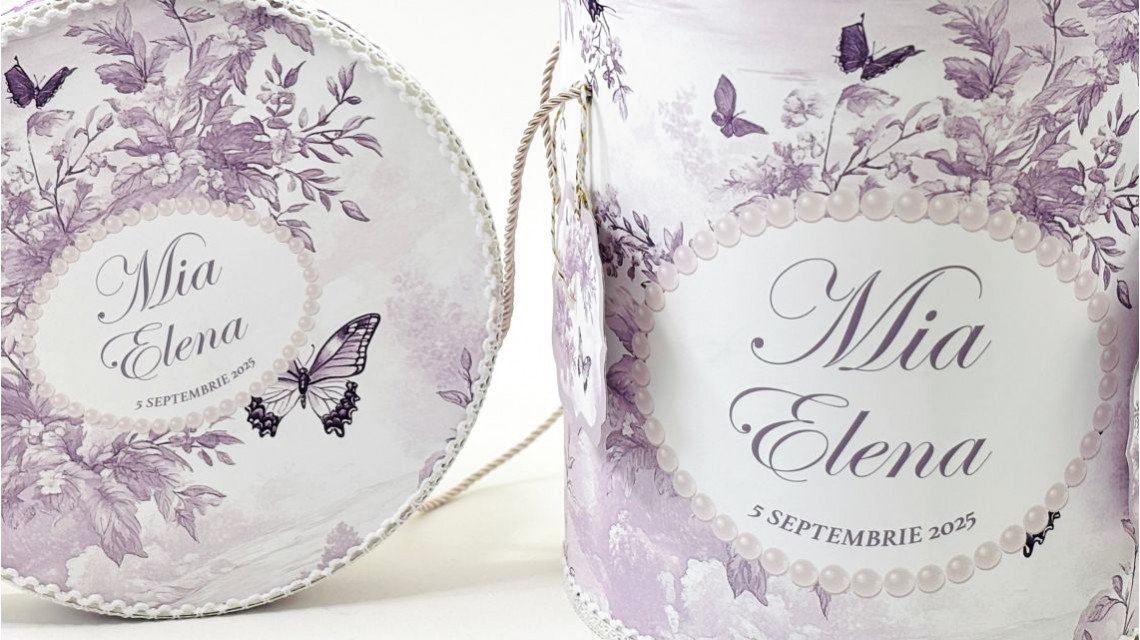 Trusou botez Purple Toile cu fluturi și flori mov personalizat 23